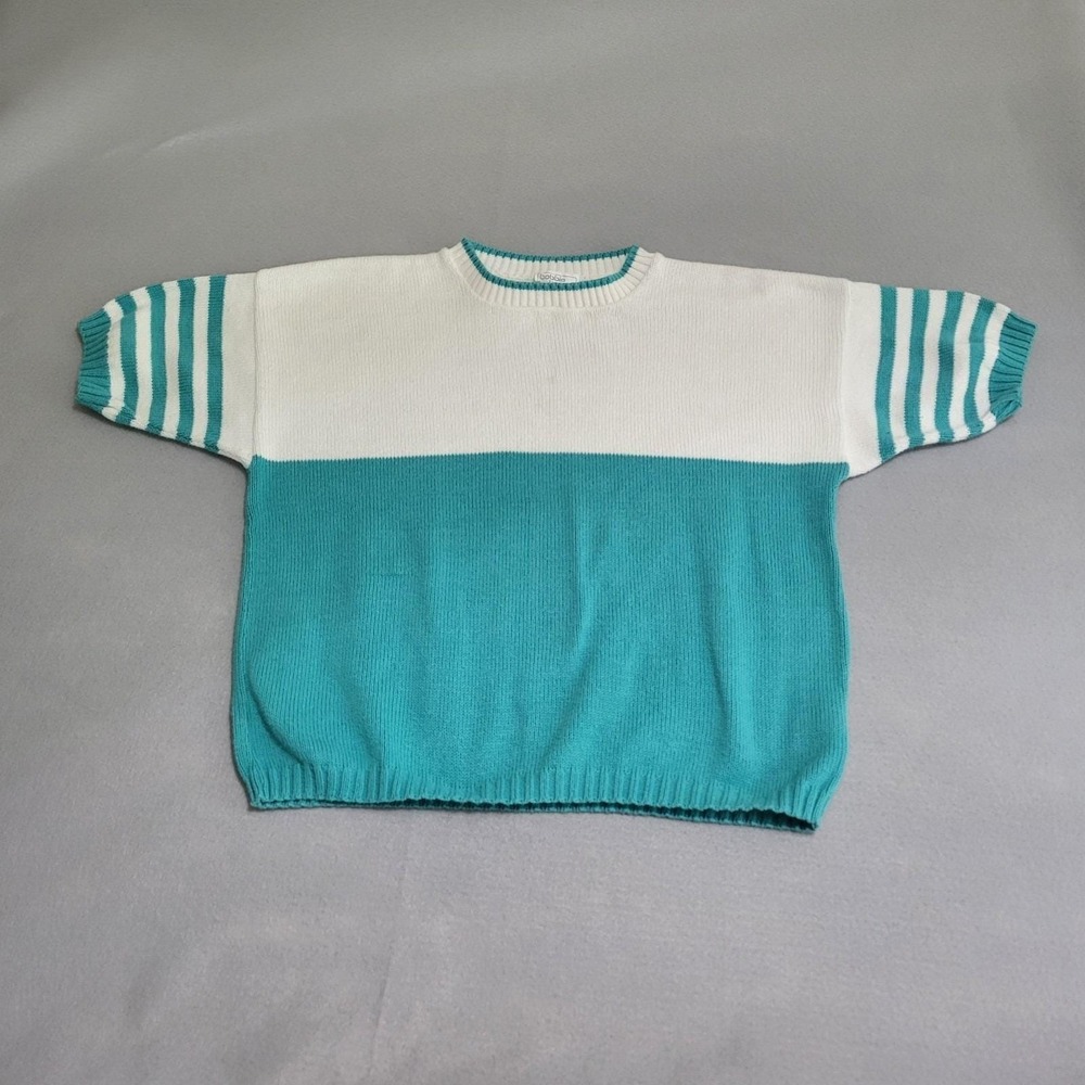 VTG 2 Tone Short Sleeve Knit Sweater Colorblock Made In USA Women's Size L